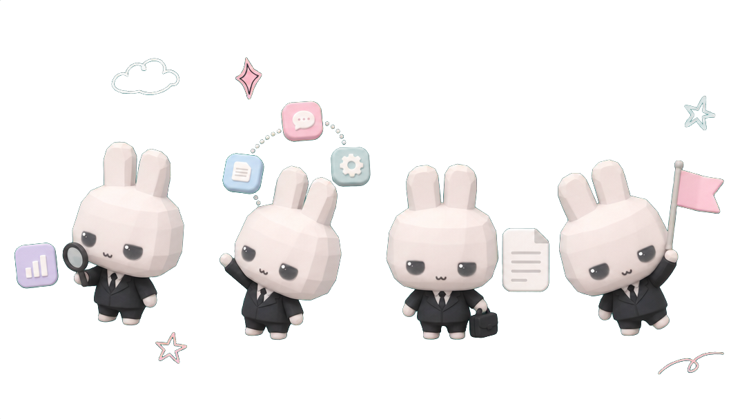 Four calm poses of the Agent Fluff mascot