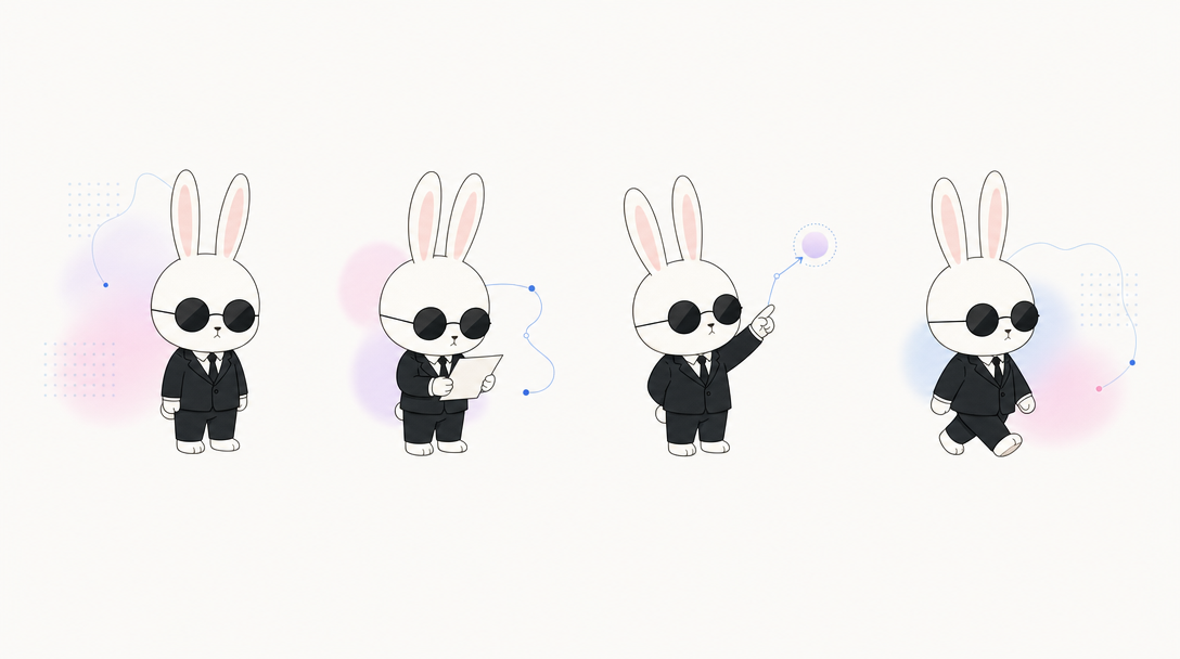 Four calm poses of the Agent Fluff mascot